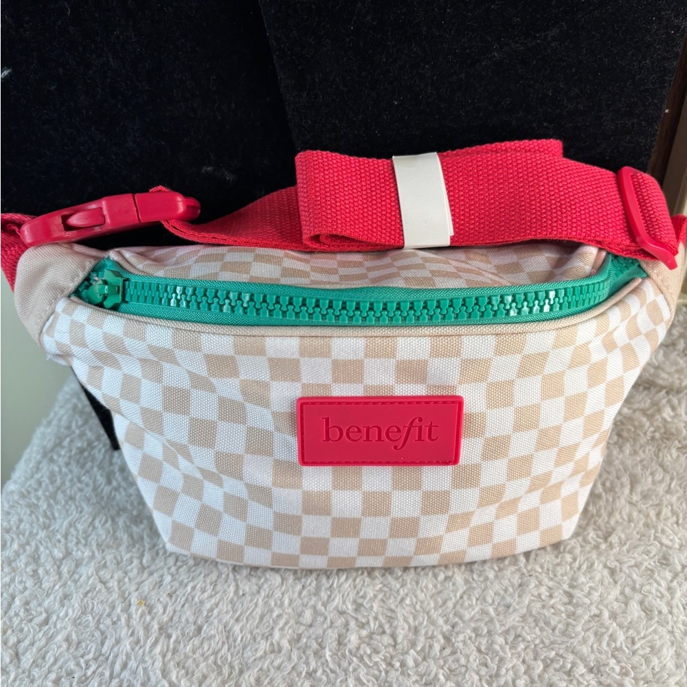 Benefit Checkered Belt Bag - Cream and Pink with Teal Zipper NWOT